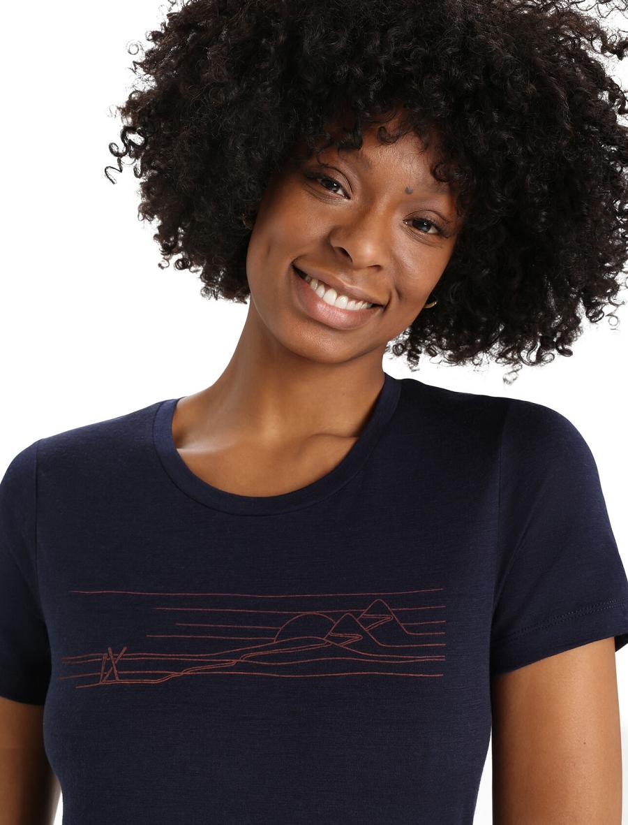 Women's Icebreaker Merino Tech Lite II Short Sleeve Ski Stripes T Shirts Midnight Navy | CA 1356SGLO